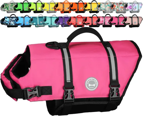 Vista 22 de VIVAGLORY Chaleco salvavidas para perros Rip Stop, chaleco de natación con asa, flotabilidad para perritos cachorros, chaleco salvavidas para perros