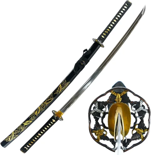 Vista 7 de Makoto Espada Katana Samurái negra forjada a mano de 41 pulgadas, pintada a mano, vaina negra de alto brillo