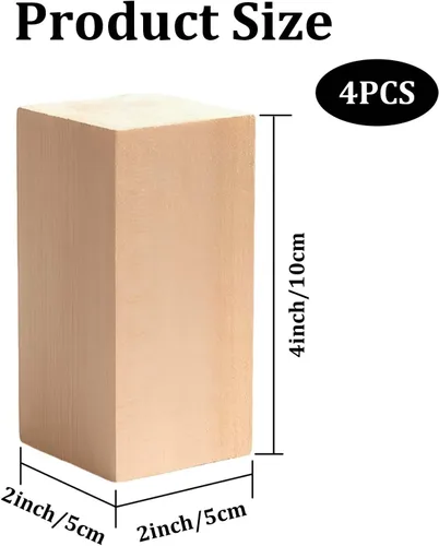 Vista 2 de Paquete de 4 bloques de tallado de tilo, madera de corte sin terminar de 2 x 2 x 4 pulgadas para manualidades, bloques de madera de superficie lisa