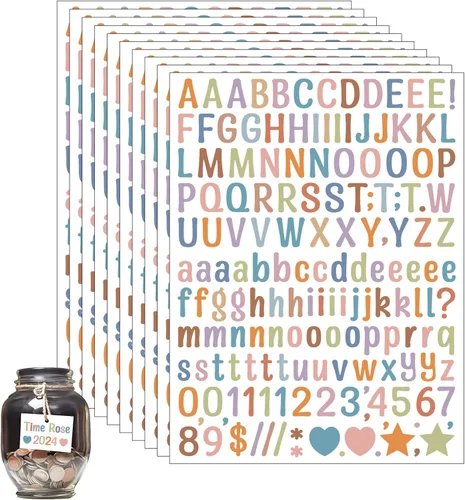 Vista 10 de 10 hojas de calcomanías de letras pequeñas de 1/2 pulgada, 1560 calcomanías autoadhesivas del alfabeto, lindas calcomanías de vinilo con símbolos