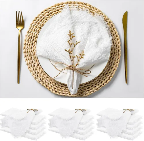 Vista 23 de Paquete de 12 servilletas de lino y algodón beige de 16 x 16 pulgadas, hechas a mano con flecos, servilletas de tela suave, lavables y rústicas