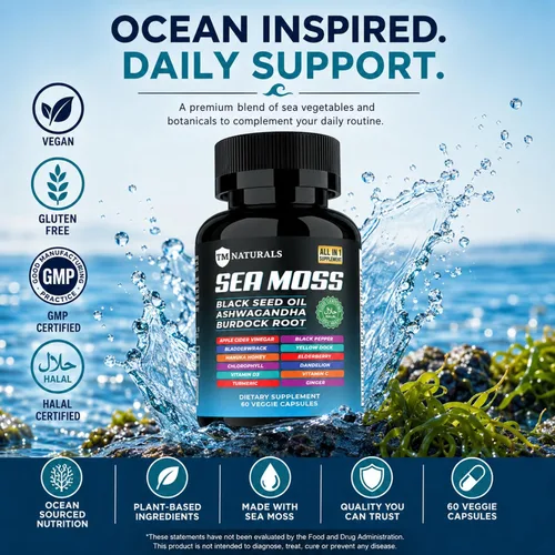 Vista 5 de Musgo marino con aceite de semilla negra, vitamina C, Ashwagandha y cúrcuma para apoyo inmunológico y energía, 60 cápsulas veganas + pastillero