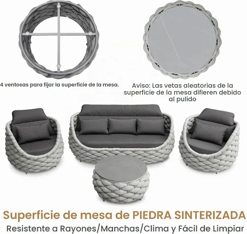 Vista 6 de Juego de muebles de patio de cuerda de 4 piezas: conjunto de sofás al aire libre de aluminio acolchado - sofá de conversación moderno ensamblado
