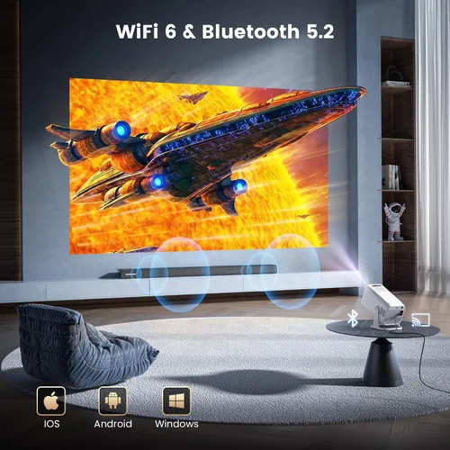 Vista 6 de [Aplicaciones integradas] Mini proyector 4K con WiFi y Bluetooth, proyector de película portátil inteligente Native 1080P con soporte giratorio