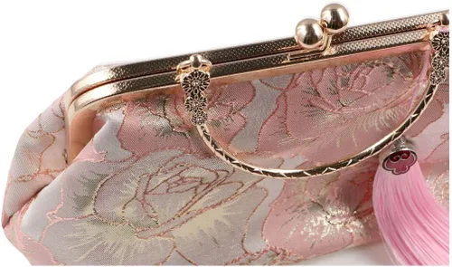 Vista 7 de Bolso vintage para mujer, bolso de noche con asa superior, bolso de banquete bordado, estilo chino, cartera, bolso de mensajero de hombro, Rosado