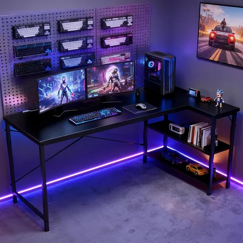 Vista 2 de DUMOS 39" L Shaped Computer Desk, Gaming Corner Desks with Storage Shelves Home Office PC Table, Writing Working Study Desk with Reversible