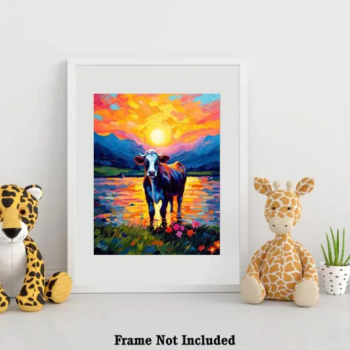 Vista 4 de Bestbuddy Pet 8 x 10 sin marco noche estrellada Van Gogh inspirado vaca lechera junto al lago Flores Granja Animal Leche Vaca Ganado Familia Pintura