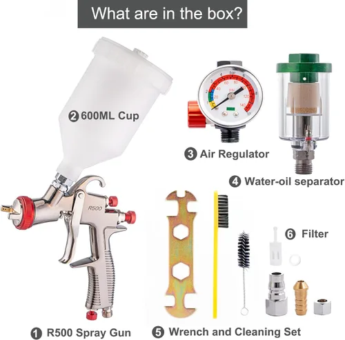 Vista 7 de R500 LVLP Pistola pulverizadora de 0.051 in con regulador de presión de aire y separador de aceite-agua, pistola de pintura automotriz