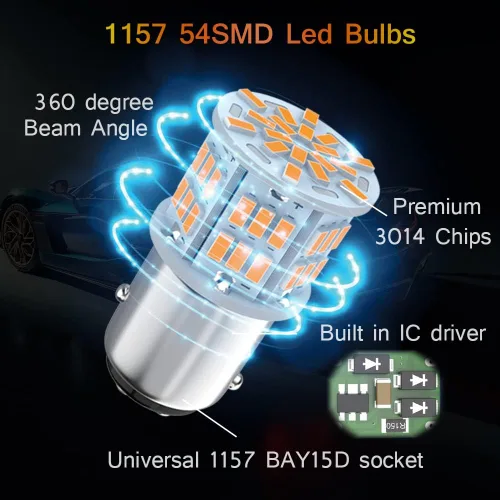 Vista 5 de Bombilla LED 1157 color amarillo ámbar, 12V-24V 1157 7528 2357 2057 BAY15D Bombilla LED de repuesto para luz de freno, luz trasera para automóvil