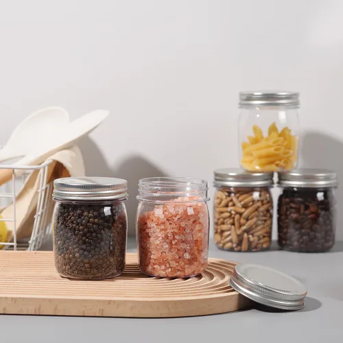Vista 7 de Paquete de 16 tarros de plástico plateados de 8 onzas con tapas de rosca, recipientes de plástico para almacenamiento de alimentos para almacenar