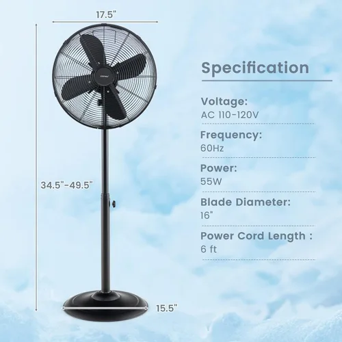 Vista 4 de COSTWAY Ventilador de pedestal de metal, ventilador silencioso de pie oscilante de 75° de alta velocidad de 16 pulgadas con altura ajustable, 3 Negro