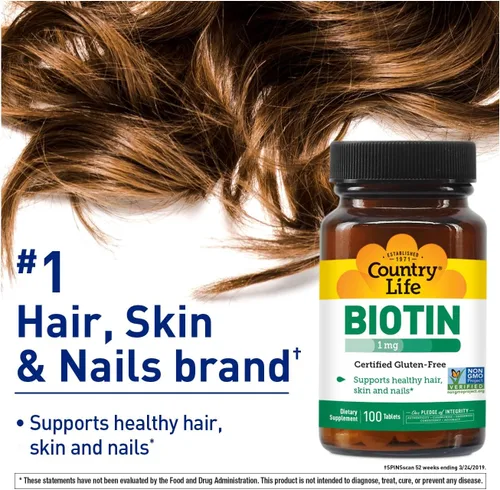 Vista 2 de Country Life Biotin 1mg apoya la salud del cabello, la piel y las uñas, 100 tabletas, certificado sin gluten, vegano, halal, verificado sin OMG