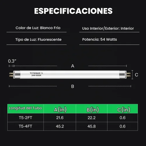Vista 2 de VIVOSUN Bombillas T5 de crecimiento de 2 pies y 22 pulgadas, 24 W, 6500 K, tubos fluorescentes HO, bombilla blanca fría T5 para lámparas T5 de 22