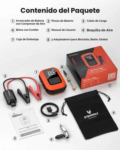 Vista 8 de ETENWOLF Arrancador de batería de coche 2000A con compresor de aire 160PSI Naranja vívido