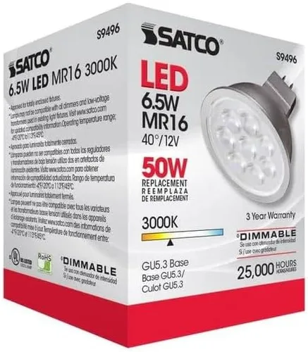 Vista 6 de Satco Lighting - Bombillas LED MR16 de bajo voltaje regulables de 6.5 W, blanco suave de 3000 K, ángulo de haz de 40 grados, base GU5.3, 12 voltios