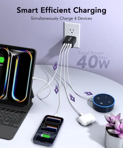 Vista 2 de Bloque de cargador USB C de 40 W, paquete de 2 ladrillos de carga rápida de 4 puertos tipo C, adaptador de enchufe de pared dual PD&QC, ladrillo