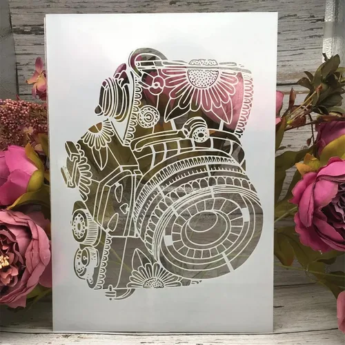 Vista 2 de TIAMECH Plantilla de cámara 3D reutilizable A4 para pintar, plantilla de capas de cámara digital de mandala, arte de pared de bricolaje, muebles