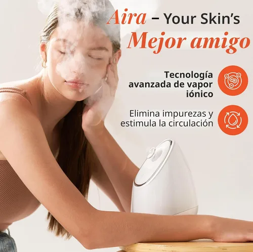 Vista 2 de Vanity Planet Aira - Vaporizador facial iónico (beige) – Limpiador de poros que desintoxica, limpia e hidrata – Boquilla ajustable, tanque de agua