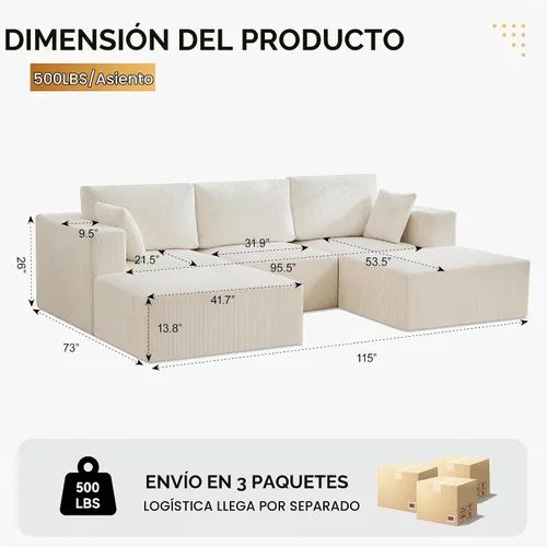 Vista 2 de WUTUTUEE Sofá modular en forma de U de 115 pulgadas, sofá modular modular de 3 plazas con 2 otomanas móviles, sofá cama convertible de pana con Beige