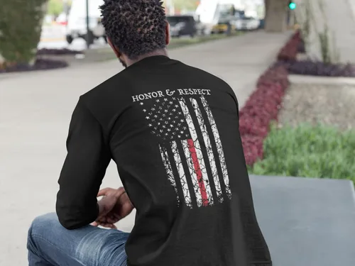 Vista 7 de Camiseta de manga larga Honor Respect U.S. Flag Red Line Firefighter Negro