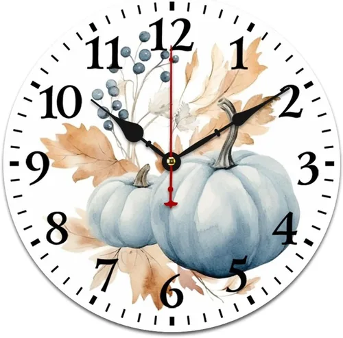 Vista 12 de Reloj de pintura de tinta acuarela amarillo verde calabazas hojas redondo creativo reloj decorativo sin tictac Acción de Gracias o Halloween reloj