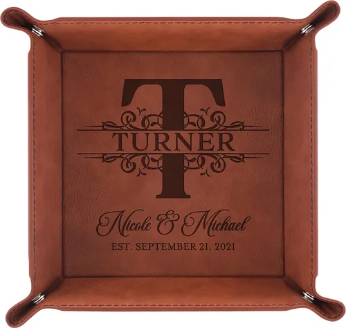 Vista 9 de Regalos personalizados para parejas, bandeja de cuero grabada con nombre y fecha, regalos para aniversario, regalos de inauguración de la casa