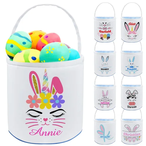 Vista 17 de Cesta de Pascua personalizada con nombre, bolsas de lona personalizadas para niños, cestas de Pascua para bebés, niños y niñas, color azul