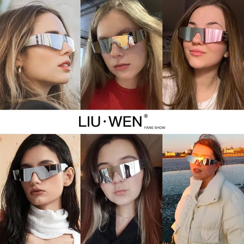Vista 2 de LIUWEN Gafas de sol Cyberpunk Y2K sin montura futuristas envolventes para mujeres y hombres, moda escudo plano