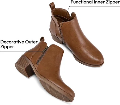 Vista 4 de Mysoft - Botines de tobillo para mujer con tacón bajo grueso y puntera redonda, estilo casual, cómodos, cortos con cremallera lateral PU Coñac