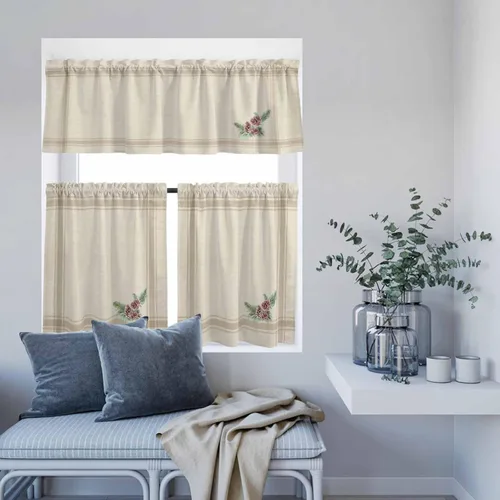 Vista 6 de Juego de 3 cortinas de cocina de piñas de Navidad, cenefa y bolsillo para barra, juego de cortinas rústicas retro a rayas francesas para cocina