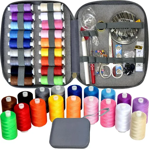 Vista 9 de Kit de costura con estuche, suministros de costura portátiles para el hogar, viajero, adultos, principiantes, emergencia, contiene 18 hilos