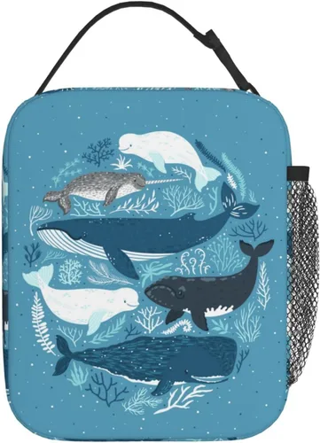 Vista 3 de Bolsa de almuerzo con diseño de animales marinos y ballena oceánica, lonchera reutilizable, impermeable, portátil, para hombres y niños
