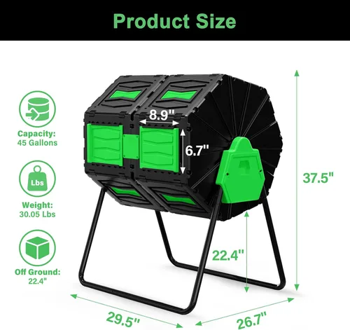 Vista 6 de Vaso de compost, fácil de montar y eficiente, contenedor de compost para exteriores, 45 galones/170 litros, compostador giratorio de doble cámara