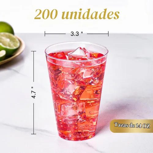 Vista 4 de FOCUSLINE - Paquete de 200 vasos de plástico transparente de 14 onzas, vasos desechables grandes para fiestas