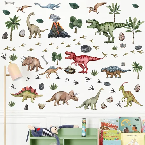 Vista 6 de Calcomanías de pared grandes de dinosaurio para despegar y pegar, calcomanías de pared de huellas de dinosaurio, hojas tropicales, palmeras