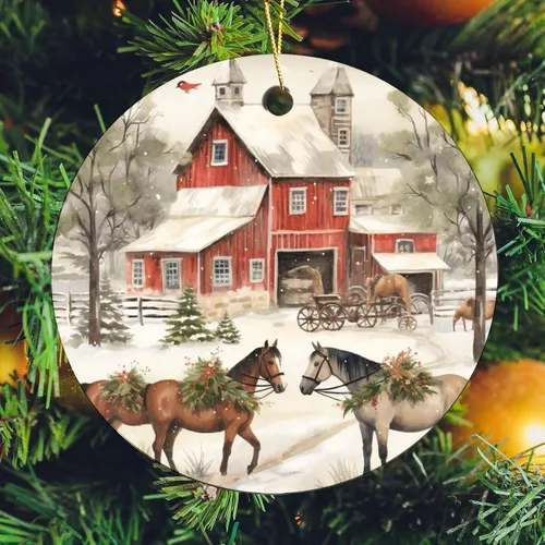 Vista 6 de Adorno navideño de caballos de granja, regalo para amantes de los caballos, de porcelana de doble cara, adorno de 3 pulgadas para árbol de Navidad