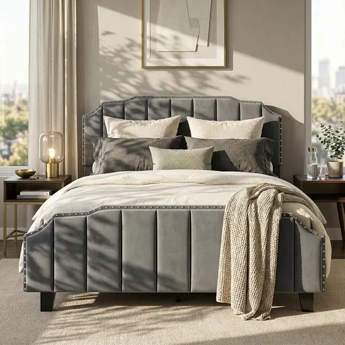 Vista 13 de Base de cama matrimonial con cabecera de almacenamiento con respaldo alado de 51.8 pulgadas, plataforma tapizada gris con estación de carga (tipo C)