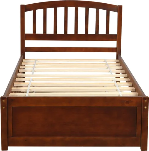 Vista 3 de Base de cama individual de madera maciza para niños con nido y cabecera curvada, base de cama de plataforma de perfil bajo con soporte de listones