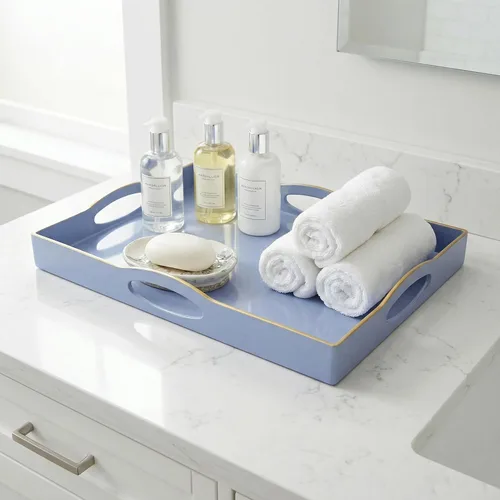 Vista 5 de Bandeja de servir azul con 4 asas, bandeja decorativa de plástico para mesa de café, otomana - Ideal para sala de estar y baño. 15 x 11 x 1.9