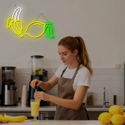 Vista 2 de Juego de 2 letreros de neón de plátano y limón (1 luz de plátano + 1 luz de limón) Luces de neón de frutas para decoración de pared, habitación