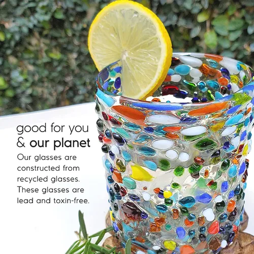 Vista 6 de Confetti Rocks - Vasos de 10 onzas (juego de 6) Vasos soplados a mano, vasos de cristalería mexicana multicolor para agua, jugo, margaritas