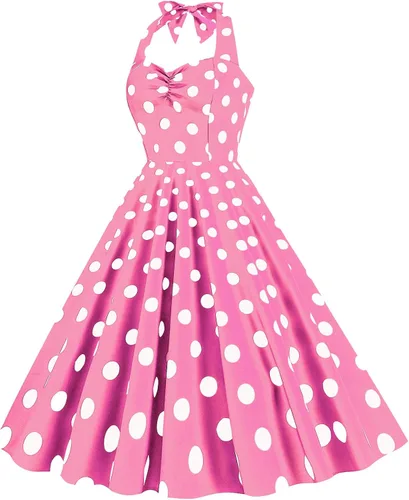 Vista 3 de Vestido vintage de los años 50 Audrey Hepburn para mujer, estilo halter, a lunares, retro, rockabilly de los años 50 y 60, para cóctel, fiesta