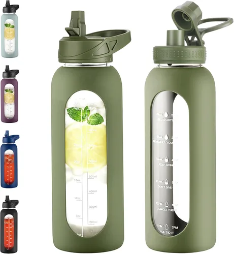 Vista 10 de EALGRO Botella de agua de vidrio de 32 onzas con popote y asa, frasco de agua motivacional deportivo con funda de silicona, taza grande a prueba
