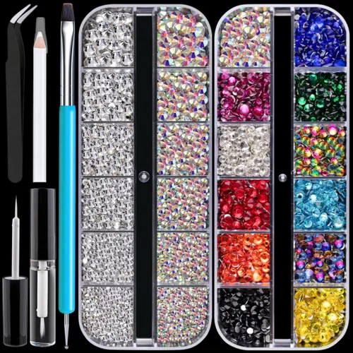 Vista 12 de Kits de estrases con parte trasera plana, estrases de colores+cristales AB y gemas faciales transparentes blancas para uñas con pegamento