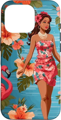 Vista 20 de iPhone 12 Pro Max Vintage Tiki Design - Funda hawaiana retro de flores hula y flamencos