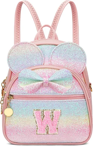 Vista 26 de KKXIU Mochilas Mini con Moño Inicial para Niñas y Mujeres, Linda Mochila Pequeña con Asa de Bolso, Regalos Personalizados para Niños, Arcoíris
