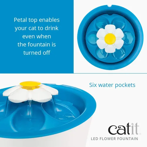 Vista 2 de Catit Fuente de flores LED con filtro de triple acción, fuente de agua potable para gatos, 3 L
