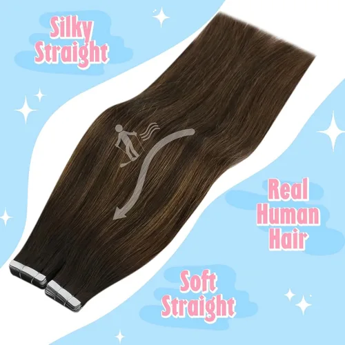 Vista 2 de Sunny - Extensiones de cabello humano real con cinta adhesiva, extensiones de cabello humano real, color marrón balayage, extensiones de cabello