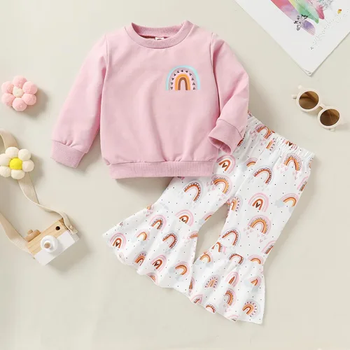 Vista 5 de YOUNGER TREE Conjunto de ropa para niña pequeña, camiseta de manga larga, pantalones de arcoíris, conjunto de pantalones, ropa de bebé para otoño e