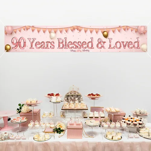 Vista 5 de Labakita Cartel de 90 años bendecidos y amados, pancarta grande de feliz cumpleaños 90, decoraciones de cumpleaños de mamá abuela 90 años, pancarta